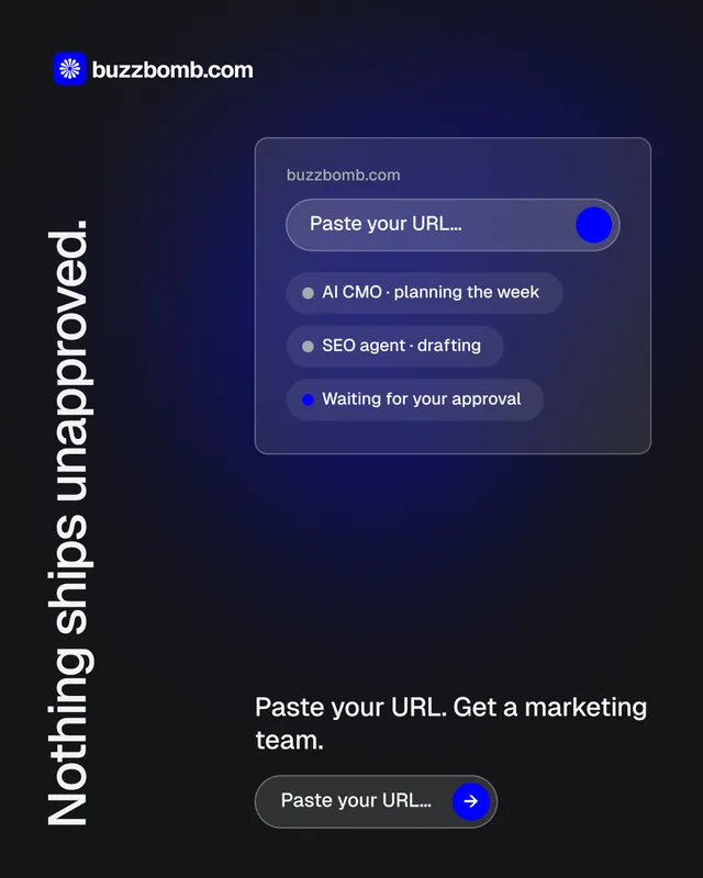 Instagram portrait post for BuzzBomb: "Nothing ships unapproved." Agentic glass style, vertical layout, dark palette in black, blue.