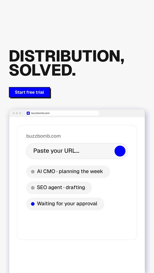 Instagram story for BuzzBomb: "Distribution, solved." Brutalist style, browser layout, light palette in white.