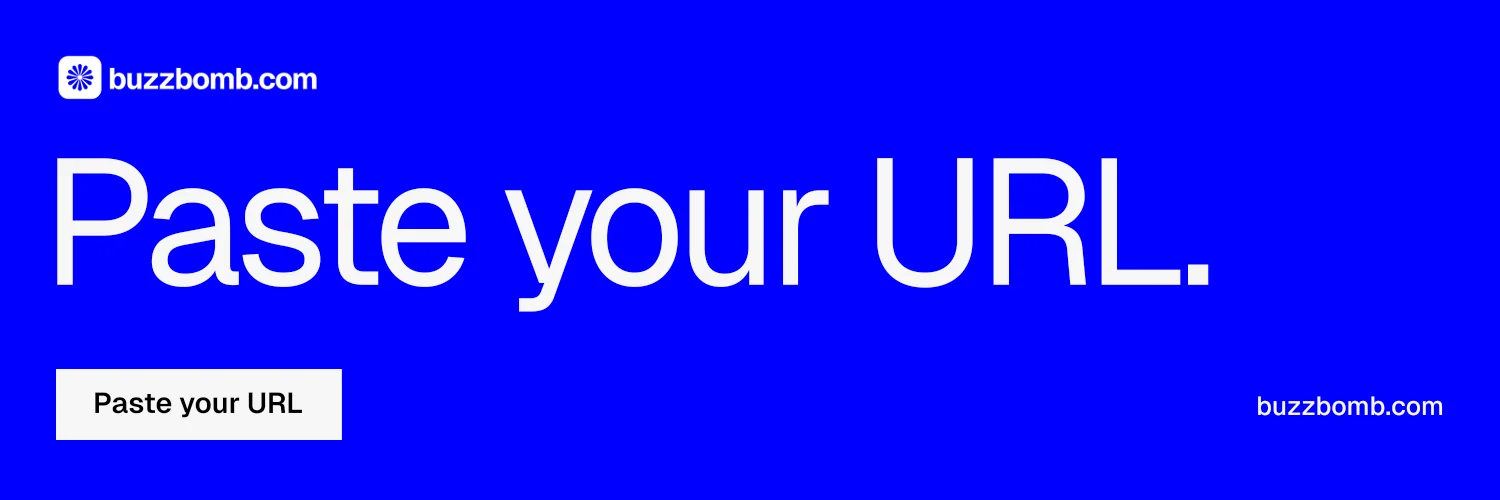 X header for BuzzBomb: "Paste your URL." Swiss style, poster layout, dark palette in blue.