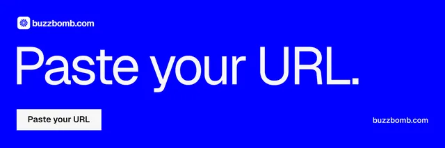 X header for BuzzBomb: "Paste your URL." Swiss style, poster layout, dark palette in blue.