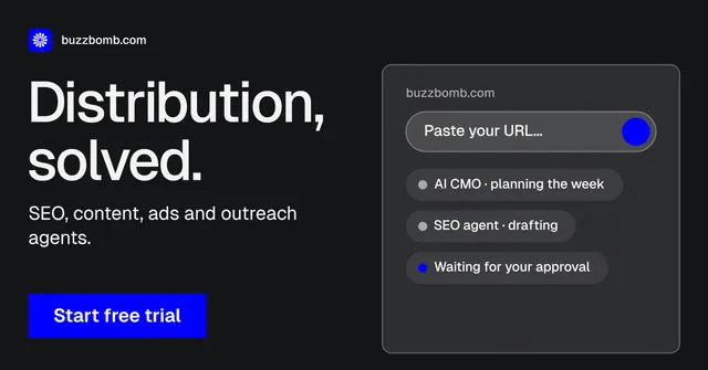 Social ad for BuzzBomb: "Distribution, solved." Split block style, bottom layout, dark palette in black, grey.