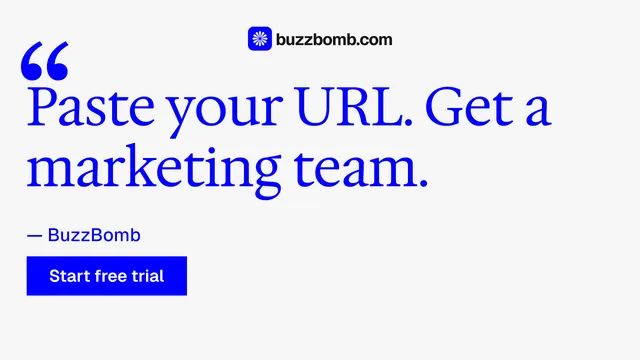 Landscape graphic for BuzzBomb: "Paste your URL." Swiss style, quote layout, light palette in white, blue.