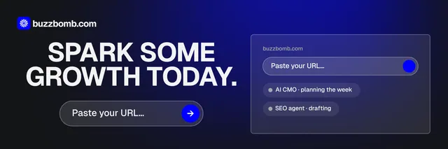 X header for BuzzBomb: "Spark some growth today." Agentic glass style, skeleton layout, dark palette in black, blue, grey.