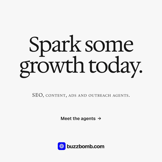 Instagram post for BuzzBomb: "Spark some growth today." Swiss style, smallcaps layout, light palette in white, grey.