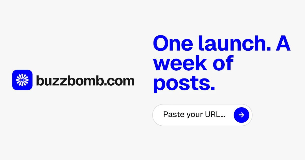 Social ad for BuzzBomb: "One launch. A week of posts." Agentic glass style, logo hero layout, light palette in white, blue.