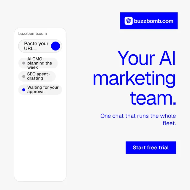 Instagram post for BuzzBomb: "Your AI marketing team." Swiss style, right layout, light palette in white, blue.
