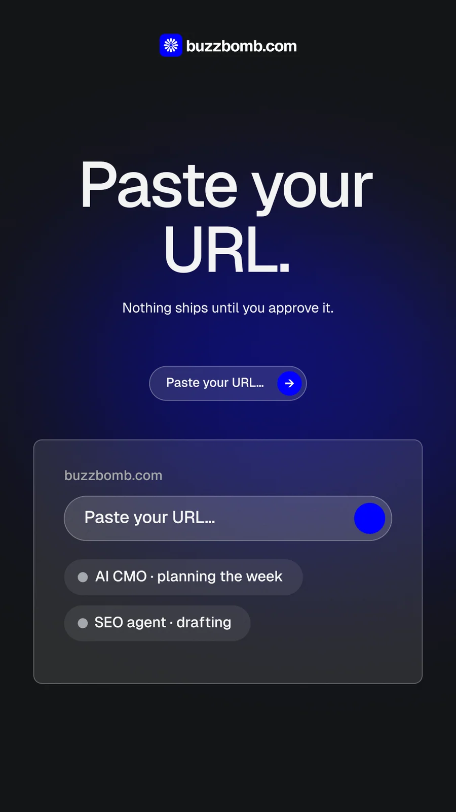 Instagram story for BuzzBomb: "Paste your URL." Agentic glass style, centred layout, dark palette in black, blue, grey.