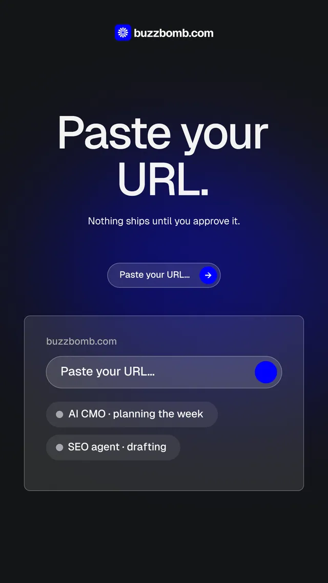 Instagram story for BuzzBomb: "Paste your URL." Agentic glass style, centred layout, dark palette in black, blue, grey.