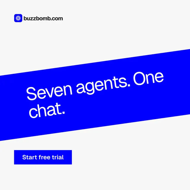 Instagram post for BuzzBomb: "Seven agents. One chat." Swiss style, diagonal layout, light palette in white, blue.