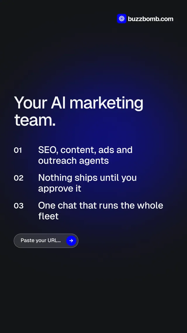 Instagram story for BuzzBomb: "Your AI marketing team." Agentic glass style, numbered layout, dark palette in black, blue.
