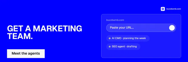 X header for BuzzBomb: "Get a marketing team." Split block style, bottom layout, dark palette in blue.