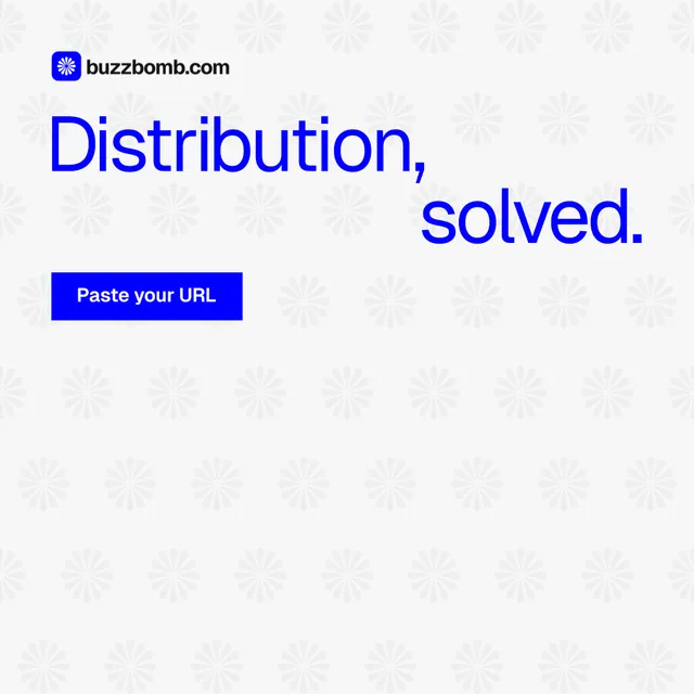 Instagram post for BuzzBomb: "Distribution, solved." Swiss style, stacked layout, light palette in white, blue.