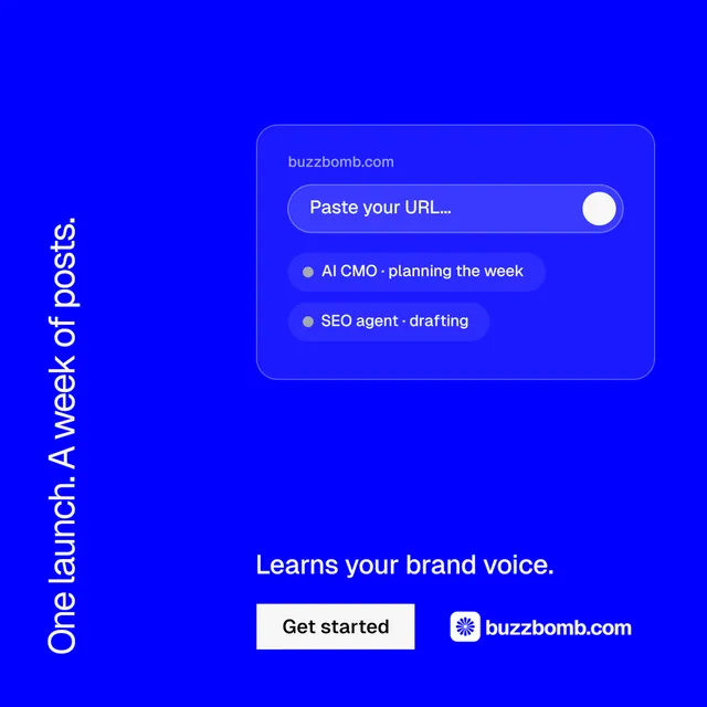 Instagram post for BuzzBomb: "One launch. A week of posts." Split block style, vertical layout, dark palette in blue.