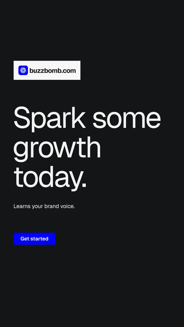 Instagram story for BuzzBomb: "Spark some growth today." Split block style, announce layout, dark palette in black, grey.