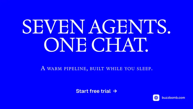 Landscape graphic for BuzzBomb: "Seven agents. One chat." Split block style, smallcaps layout, dark palette in blue.