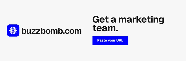 X header for BuzzBomb: "Get a marketing team." Swiss style, logo hero layout, light palette in white.