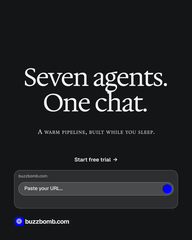 Instagram portrait post for BuzzBomb: "Seven agents. One chat." Swiss style, smallcaps layout, dark palette in black, grey.