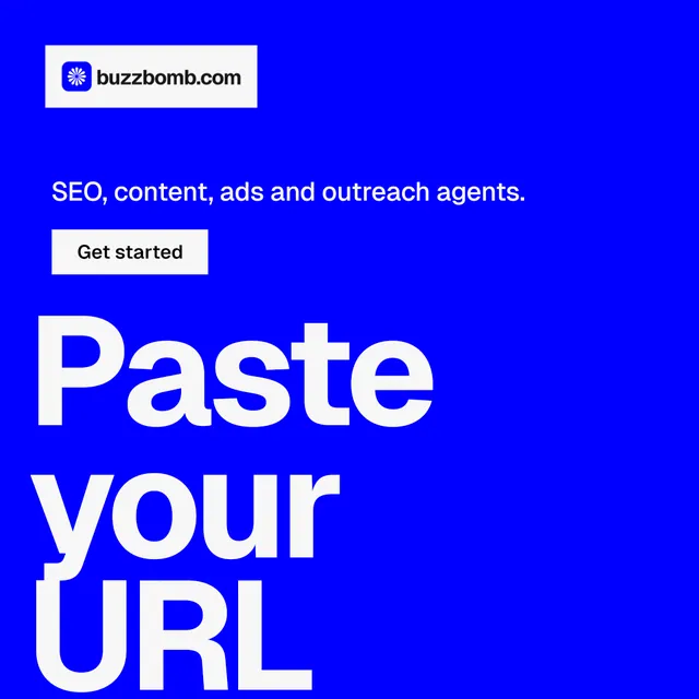 Instagram post for BuzzBomb: "Spark some growth today." Split block style, oversized layout, dark palette in blue, white.