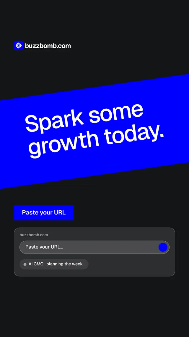 Instagram story for BuzzBomb: "Spark some growth today." Split block style, diagonal layout, dark palette in black, blue.
