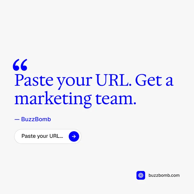 Instagram post for BuzzBomb: "Get a marketing team." Agentic glass style, quote layout, light palette in white, blue.