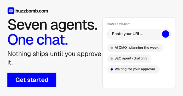Social ad for BuzzBomb: "Seven agents. One chat." Swiss style, skeleton layout, light palette in white, blue.