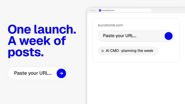 Landscape graphic for BuzzBomb: "One launch. A week of posts." Agentic glass style, browser layout, light palette in white, blue.