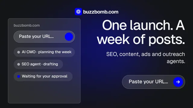 Landscape graphic for BuzzBomb: "One launch. A week of posts." Agentic glass style, right layout, dark palette in black, blue, grey.