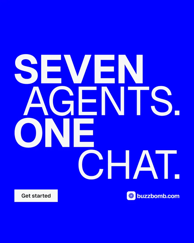 Instagram portrait post for BuzzBomb: "Seven agents. One chat." Split block style, stacked layout, dark palette in blue, white.