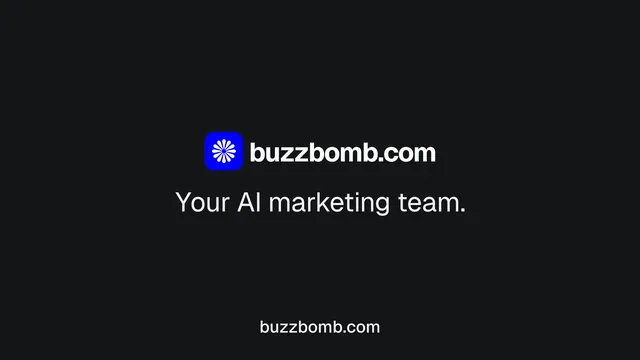 Landscape graphic for BuzzBomb: "Your AI marketing team." Split block style, end card layout, dark palette in black.