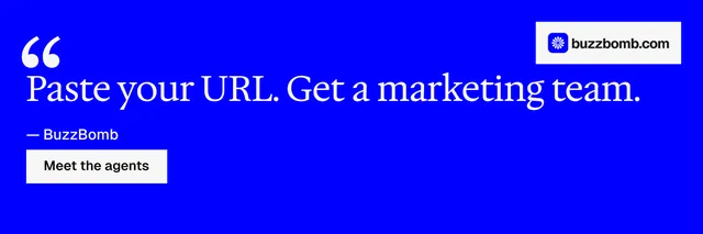 X header for BuzzBomb: "Spark some growth today." Swiss style, quote layout, dark palette in blue.