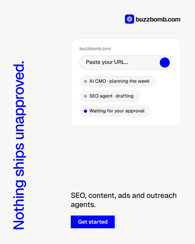 Instagram portrait post for BuzzBomb: "Nothing ships unapproved." Swiss style, vertical layout, light palette in white, blue.