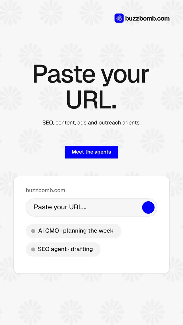 Instagram story for BuzzBomb: "Paste your URL." Swiss style, centred layout, light palette in white, blue.