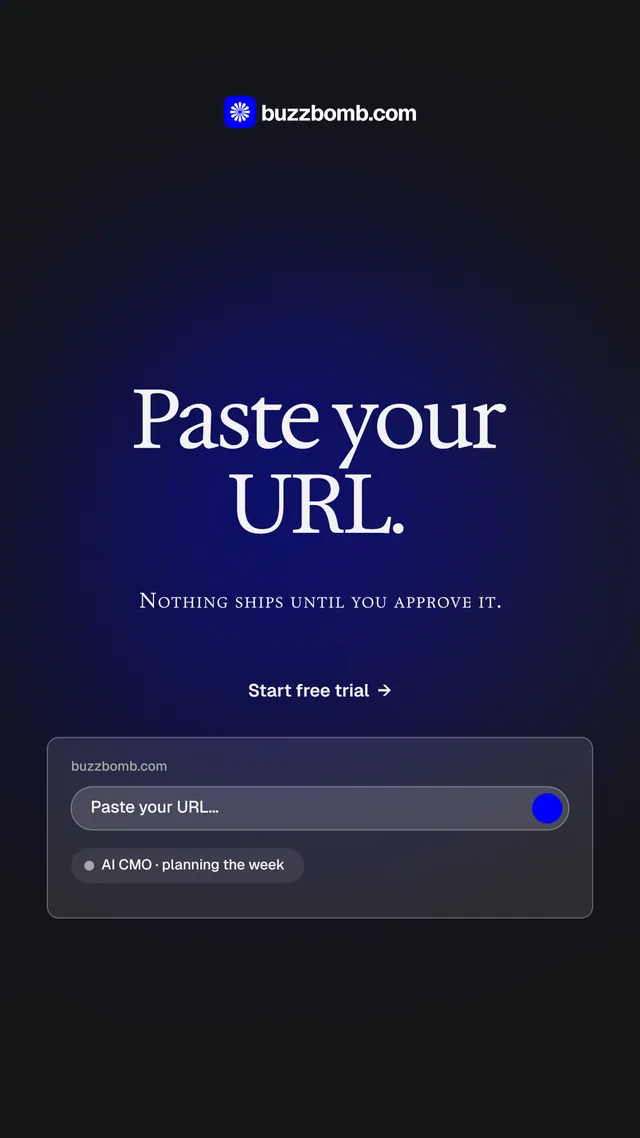Instagram story for BuzzBomb: "Paste your URL." Agentic glass style, smallcaps layout, dark palette in black, blue.