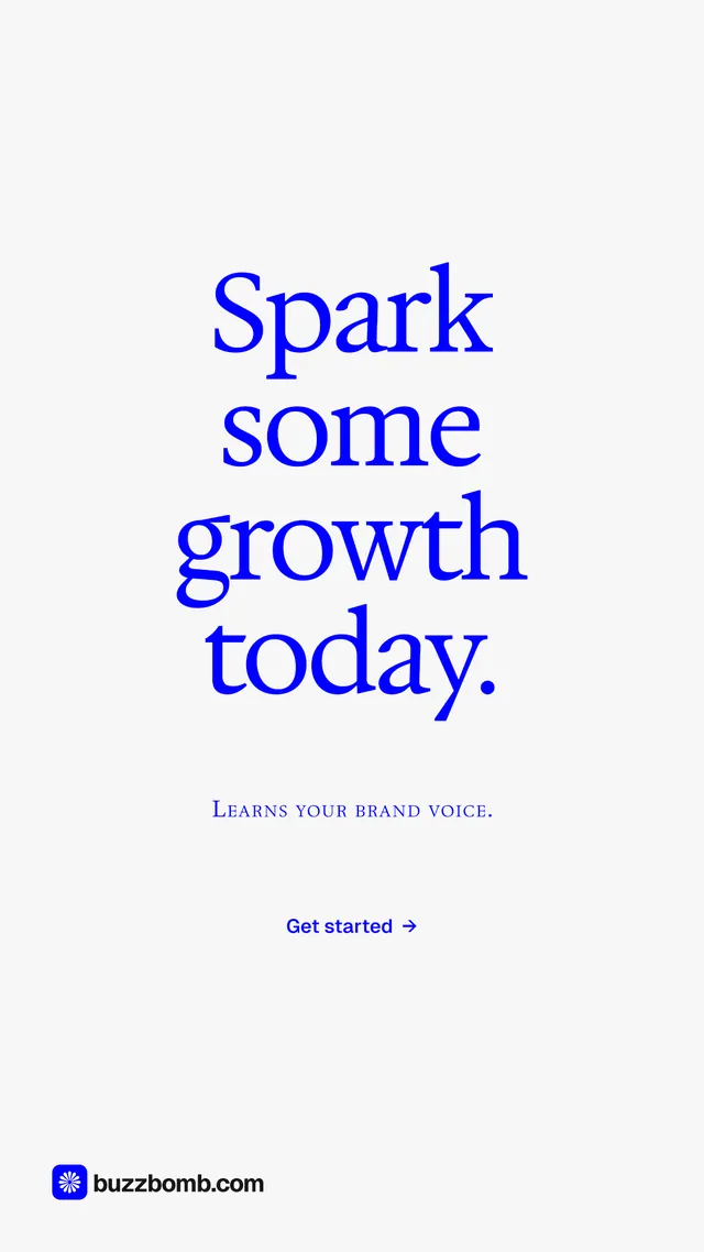 Instagram story for BuzzBomb: "Spark some growth today." Swiss style, smallcaps layout, light palette in white.