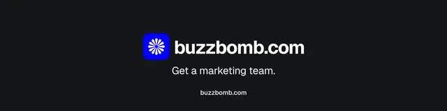 LinkedIn banner for BuzzBomb: "Get a marketing team." Agentic glass style, end card layout, dark palette in black.