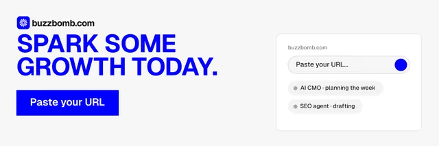 X header for BuzzBomb: "Spark some growth today." Swiss style, skeleton layout, light palette in white, blue.