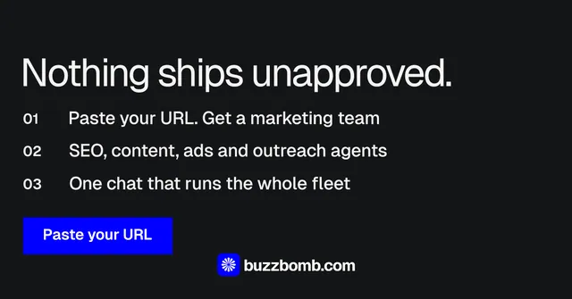Social ad for BuzzBomb: "Nothing ships unapproved." Split block style, numbered layout, dark palette in black, grey.