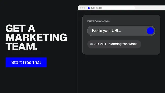 Landscape graphic for BuzzBomb: "Get a marketing team." Brutalist style, browser layout, dark palette in black, grey.