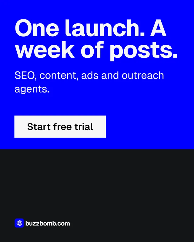 Instagram portrait post for BuzzBomb: "One launch. A week of posts." Split block style, skeleton layout, dark palette in blue, black.