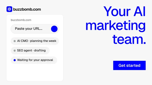 Landscape graphic for BuzzBomb: "Your AI marketing team." Swiss style, right layout, light palette in white, blue.