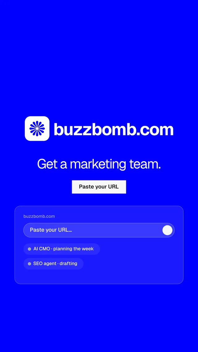 Instagram story for BuzzBomb: "Get a marketing team." Split block style, logo hero layout, dark palette in blue.