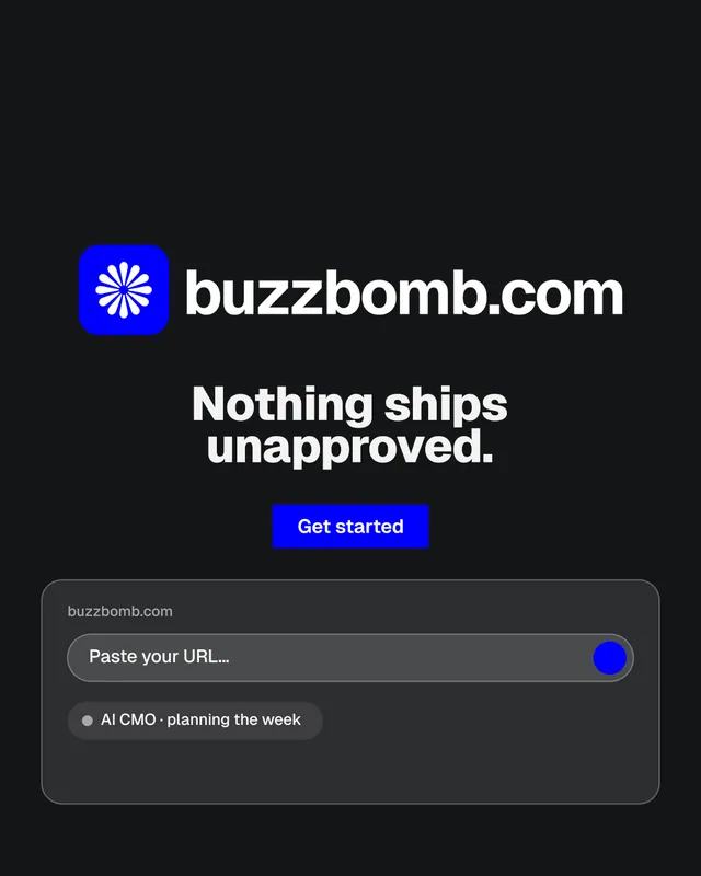 Instagram portrait post for BuzzBomb: "Nothing ships unapproved." Brutalist style, logo hero layout, dark palette in black, grey.