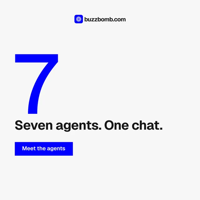 Instagram post for BuzzBomb: "Seven agents. One chat." Swiss style, stat layout, light palette in white.