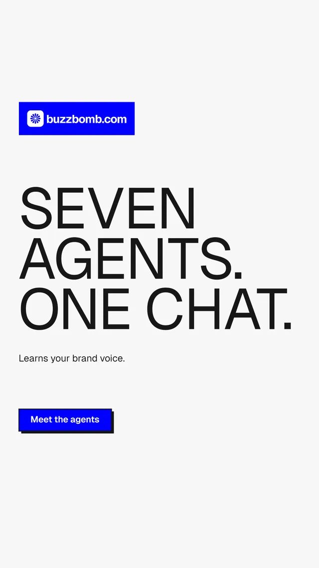 Instagram story for BuzzBomb: "Seven agents. One chat." Brutalist style, announce layout, light palette in white, blue, grey.