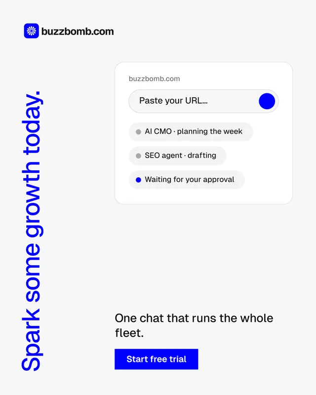 Instagram portrait post for BuzzBomb: "Spark some growth today." Swiss style, vertical layout, light palette in white, blue.