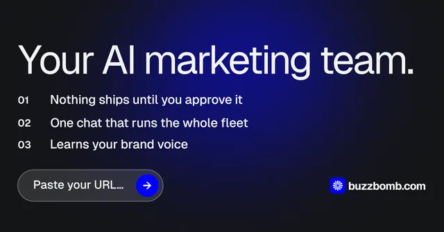 Social ad for BuzzBomb: "Your AI marketing team." Agentic glass style, numbered layout, dark palette in black, blue, grey.