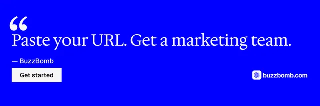 X header for BuzzBomb: "Your AI marketing team." Split block style, quote layout, dark palette in blue.