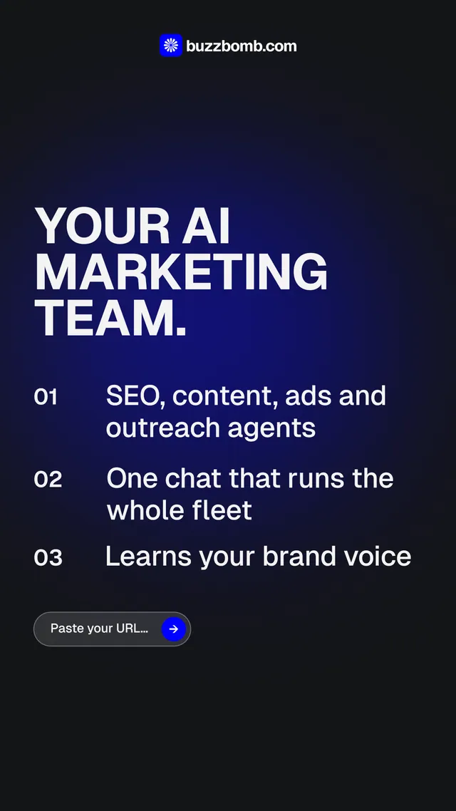 Instagram story for BuzzBomb: "Your AI marketing team." Agentic glass style, numbered layout, dark palette in black, blue.