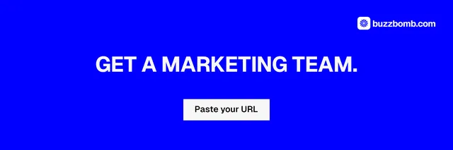 X header for BuzzBomb: "Get a marketing team." Split block style, centred layout, dark palette in blue.