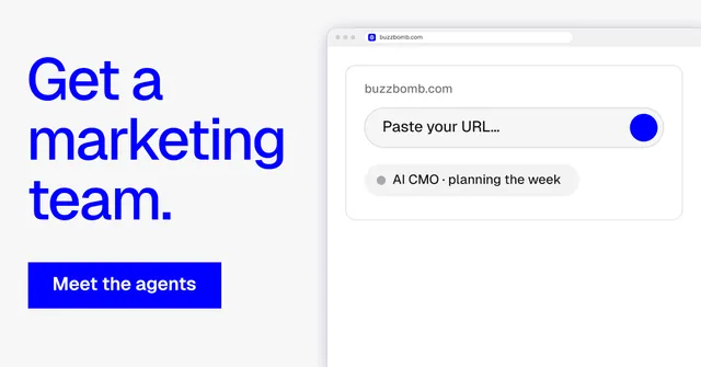 Social ad for BuzzBomb: "Get a marketing team." Swiss style, browser layout, light palette in white, blue.